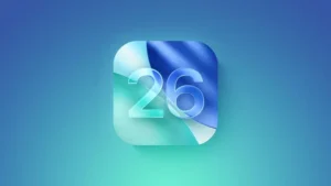 New Apple iOS 26 logo feature on blue background