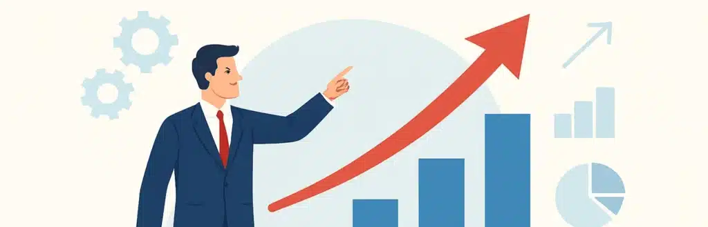 Cartoon employee pointing to business growth graph