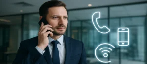 Business man uses phone number at work with smartphone icon graphics overlay