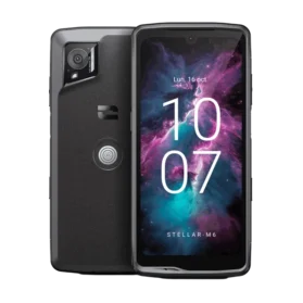 Dual image of the Crosscall Stellar M6 5G, showing the front display and the reinforced back casing with the camera.