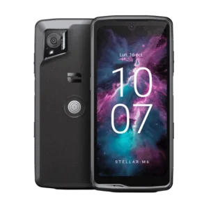 Dual image of the Crosscall Stellar M6 5G, showing the front display and the reinforced back casing with the camera.