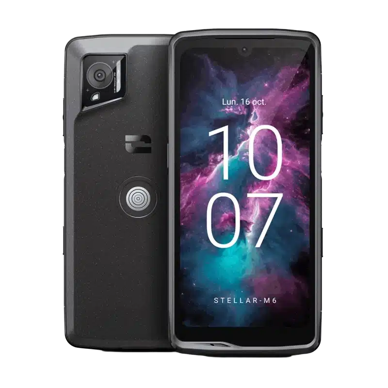 Dual image of the Crosscall Stellar M6 5G, showing the front display and the reinforced back casing with the camera.