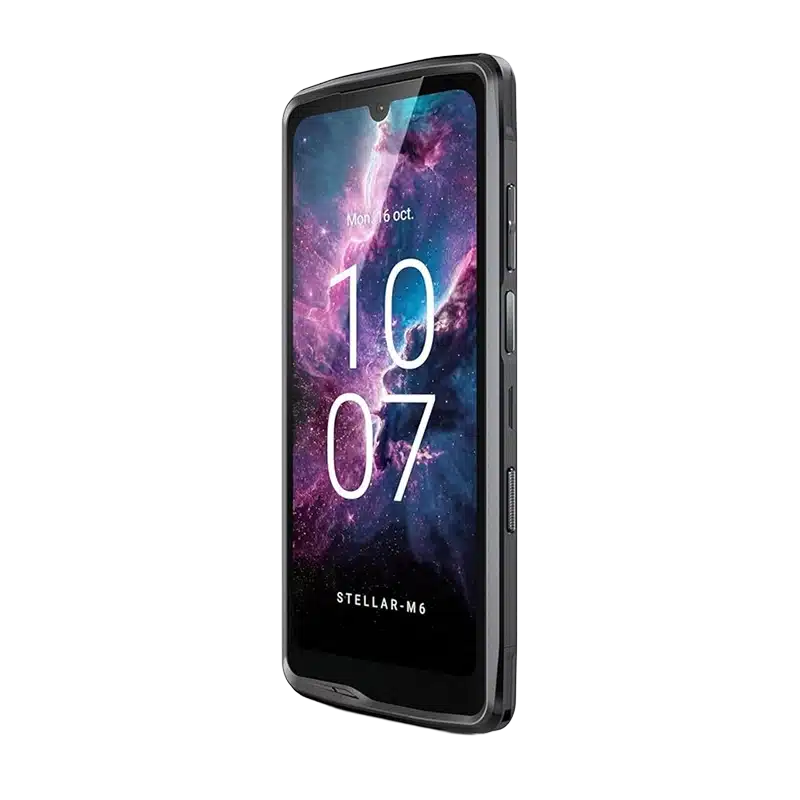Side view of the rugged Crosscall Stellar M6 5G, highlighting the protective edges and side buttons.