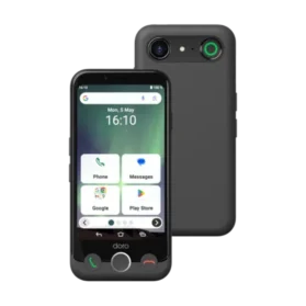 Doro Aurora A10 phone showing both the front easy-interface and the back with the emergency assistance button.