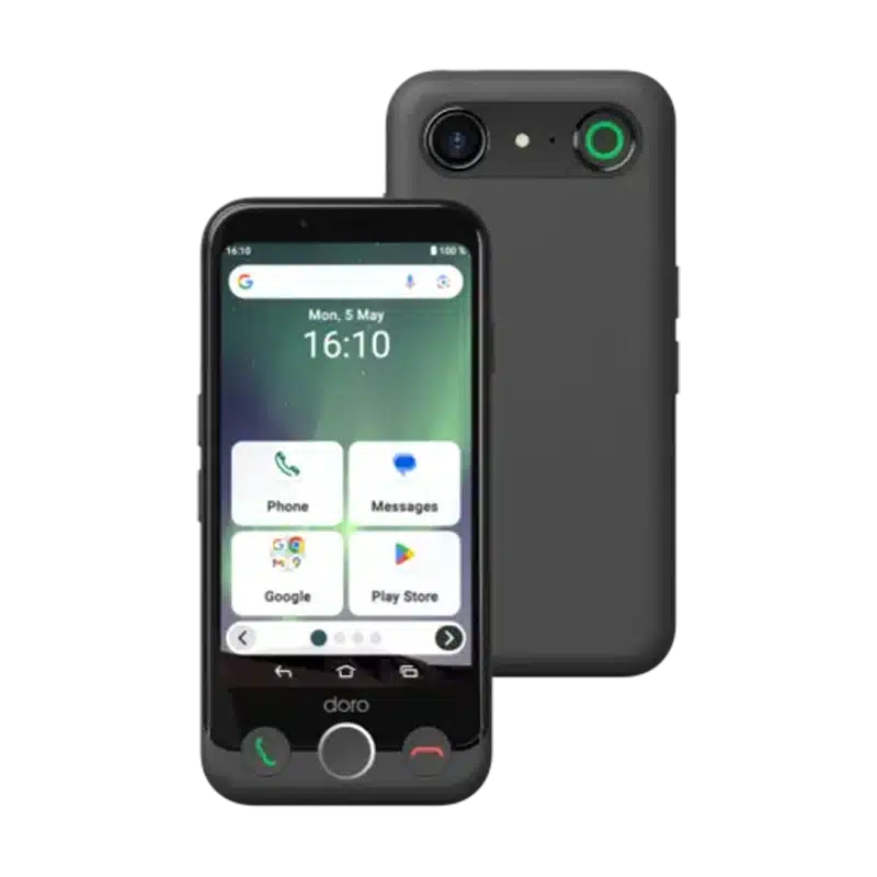 Doro Aurora A10 phone showing both the front easy-interface and the back with the emergency assistance button.