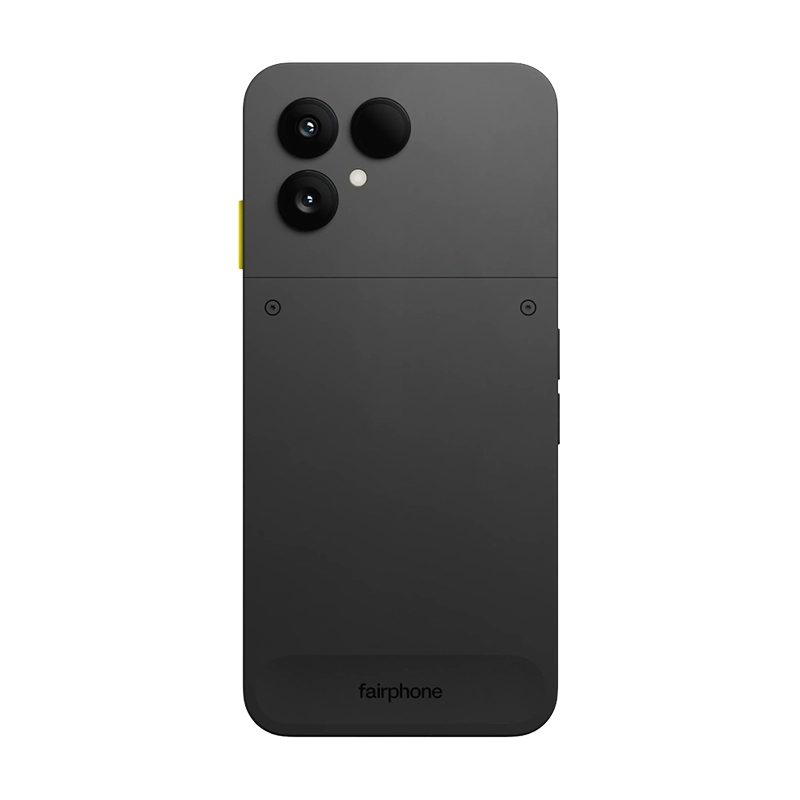 A view of the back of the Fairphone Gen 6 in Horizon Black. The phone has a matte, two-tone black back panel with the Fairphone logo. The camera module is visible at the top.