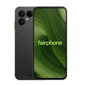 Front view of the Fairphone Gen 6 in black displaying its clean Android user interface, highlighting the phone's sustainable design.