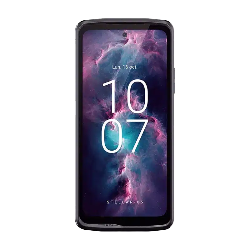 Front display of the Crosscall Stellar X5 5G, featuring the screen, front camera cutout, and ruggedized frame.
