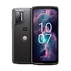 Front and back view of the Crosscall Stellar X5 5G rugged business smartphone, highlighting its modern design and durable build.