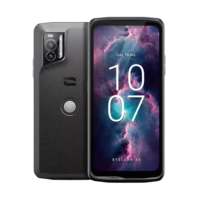 Front and back view of the Crosscall Stellar X5 5G rugged business smartphone, highlighting its modern design and durable build.
