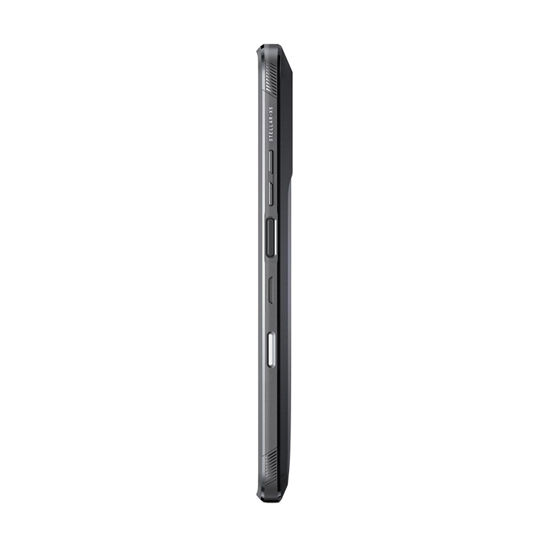 Profile view of the Crosscall Stellar X5 5G, emphasizing its slim yet reinforced side chassis and volume/power buttons.
