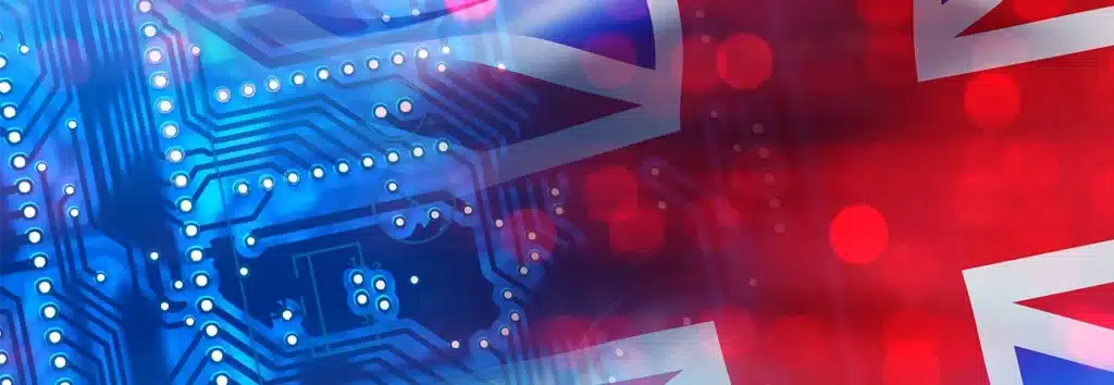 UK Union Jack superimposed over IoT chipset