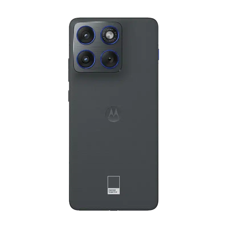 Back view of the Motorola Edge 70 Pantone Gadget in Grey, featuring the textured finish, triple camera system, and the Pantone colour label.