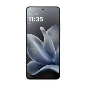 Front view of the Motorola Edge 70 Pantone Gadget displaying the vibrant, edge-to-edge screen and modern clock widget.