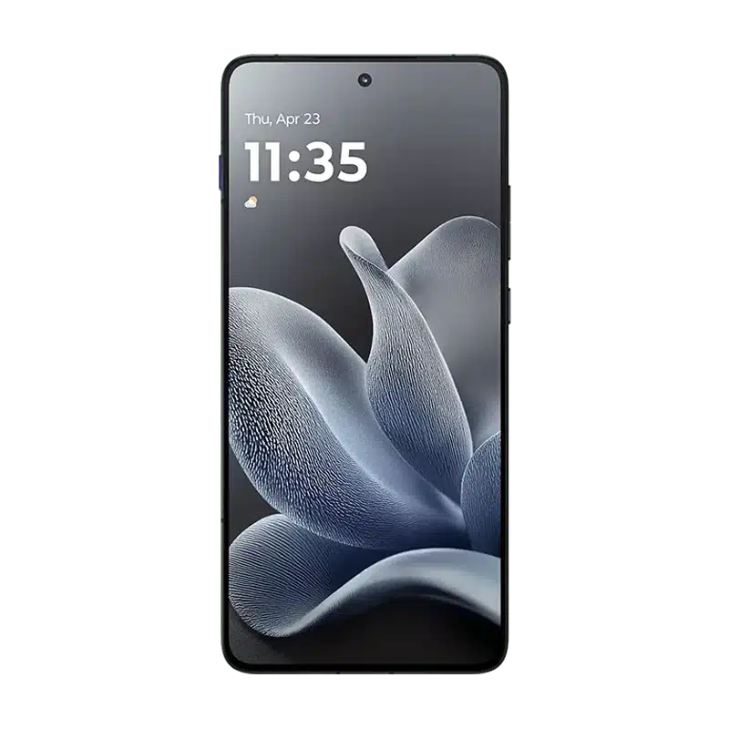 Front view of the Motorola Edge 70 Pantone Gadget displaying the vibrant, edge-to-edge screen and modern clock widget.