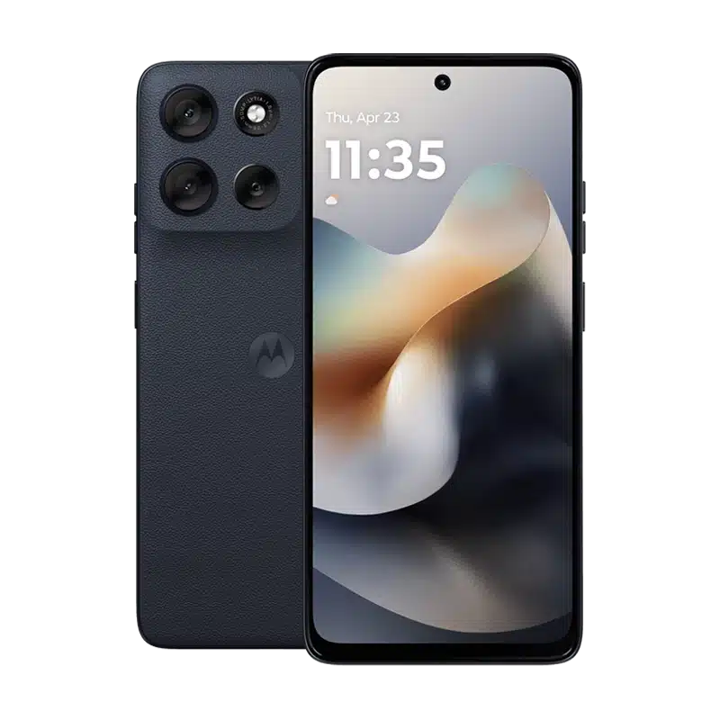Front and back view of the Motorola G56 5G, highlighting the vibrant display and the triple camera module with a 50MP sensor.