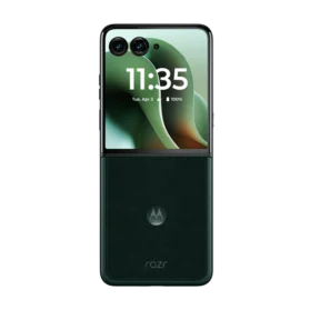 Front view of the partially folded Motorola Razr 60 Ultra (Scarab colour), showing the cover screen and camera lenses.