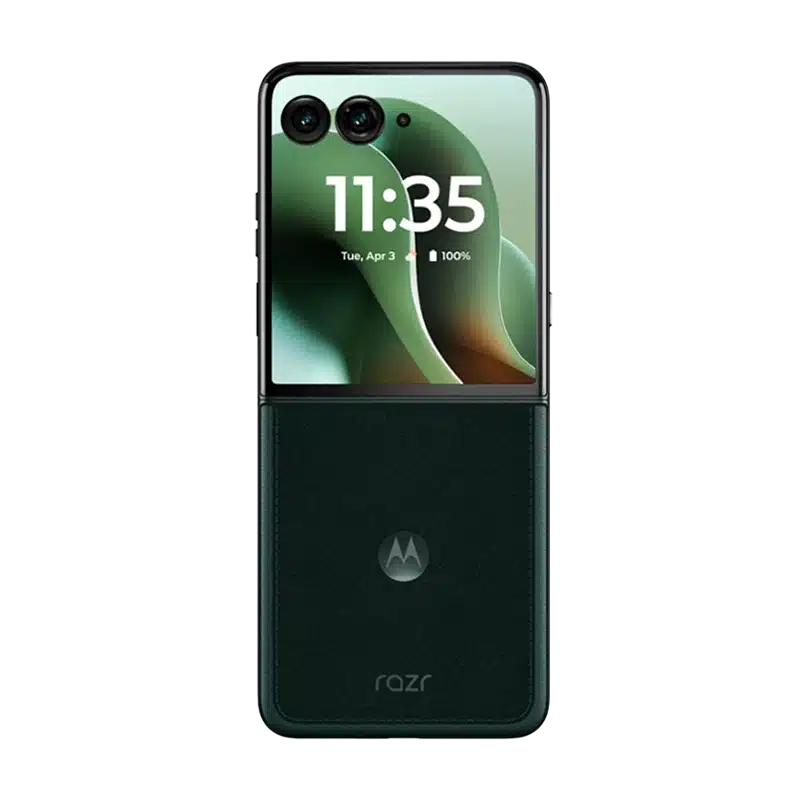 Front view of the partially folded Motorola Razr 60 Ultra (Scarab colour), showing the cover screen and camera lenses.