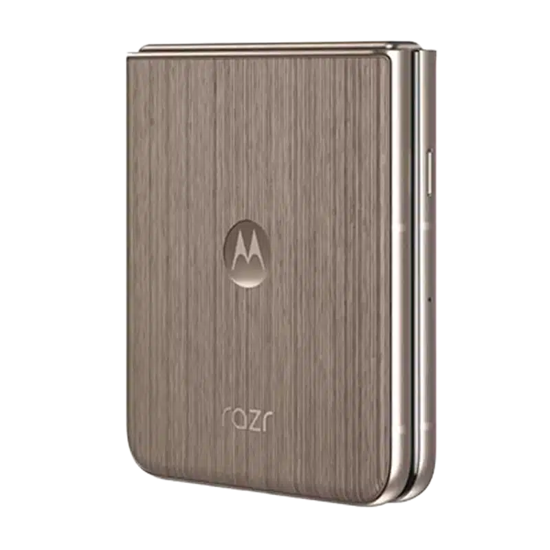 Closed view of the Motorola Razr 60 Ultra (Mountain Train colour), showcasing the textured, brushed-metal finish and minimal branding.
