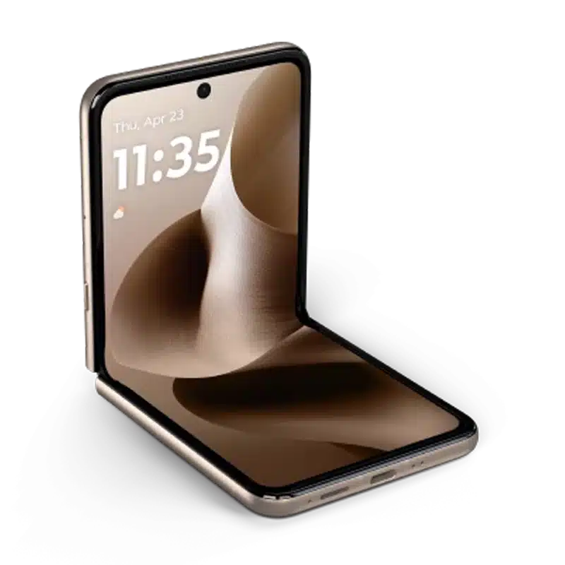 The Motorola Razr 60 Ultra partially folded on a flat surface, showing the main inner screen angled for hands-free use.