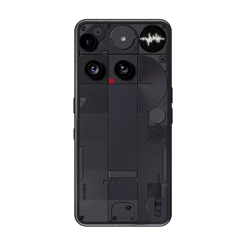 Rear view of the Nothing Phone (3) in Black, highlighting the transparent back panel, dual camera system, and illuminated Glyph Interface.