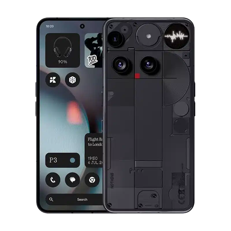 Front display and rear transparent Glyph Interface of the Black Nothing Phone (3) 5G smartphone, showcasing the sleek, minimalist design.