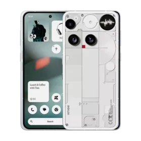 Front display and rear transparent Glyph Interface of the White Nothing Phone (3) 5G smartphone, emphasising its unique transparent aesthetic.