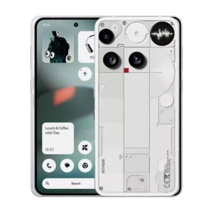 Front display and rear transparent Glyph Interface of the White Nothing Phone (3) 5G smartphone, emphasising its unique transparent aesthetic.