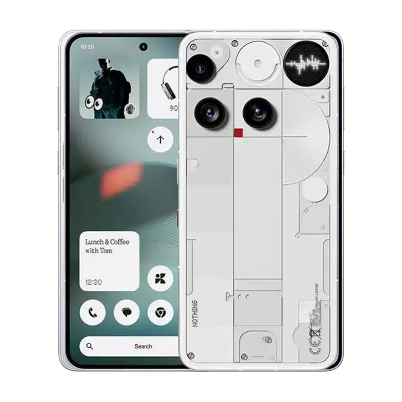 Front display and rear transparent Glyph Interface of the White Nothing Phone (3) 5G smartphone, emphasising its unique transparent aesthetic.