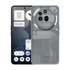 Front and transparent back view of the Grey Nothing Phone (3a) Pro, showcasing the aesthetic design and screen widgets for business productivity.