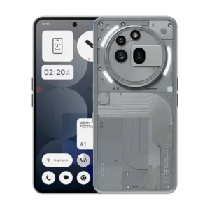 Front and transparent back view of the Grey Nothing Phone (3a) Pro, showcasing the aesthetic design and screen widgets for business productivity.