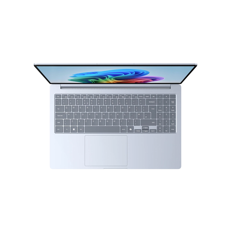 A top-down view of the open Samsung Galaxy Book 5 Edge 5G, clearly showing the full-sized keyboard, large trackpad, and the display with the colorful wallpaper.