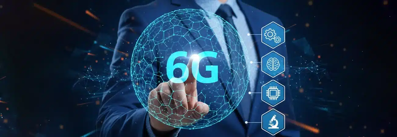 Executive pointing at the advanced 6G wireless infrastructure for future smart cities and connectivity