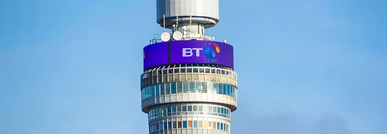 Close up shot of the BT (British Telecoms) network tower on a sunny day