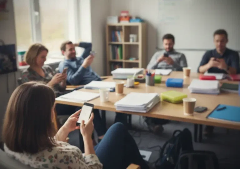 A group of teachers using mobiles in a staff room