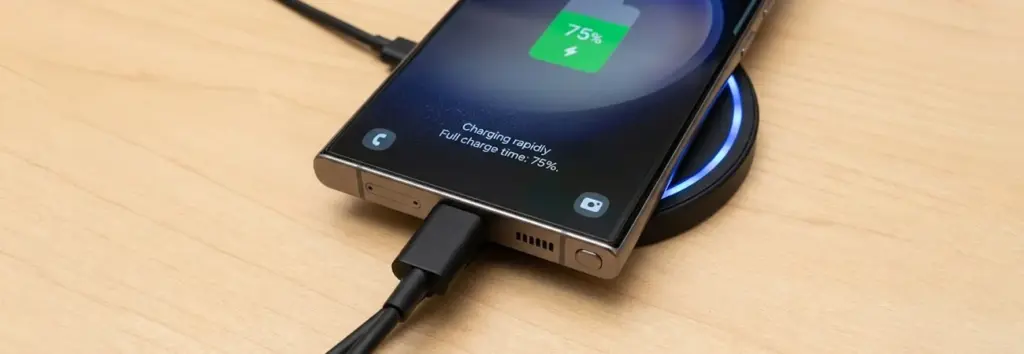 Close up shot of Samsung Galaxy S26 concept smartphone with charger, showing 75% battery life on the screen