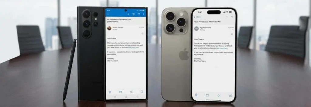 Samsung Galaxy S26 Ultra concept vs iPhone 17 Pro, standing side by side, both displaying emails