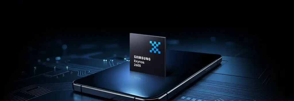 Samsung Exynos 2600 2nm processor chip shown on a sleek Galaxy S26 smartphone concept, highlighting next-generation AI performance and battery efficiency for business mobile users.