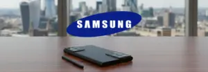 Samsung Galaxy S26 Ultra business smartphone concept with S-Pen and unified camera island on a professional desk overlooking the London skyline.