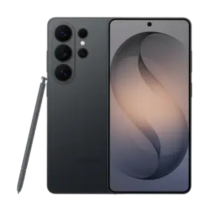 Cutout of front/rear side of Samsung Galaxy S26 Ultra with S-Pen stylus in Black