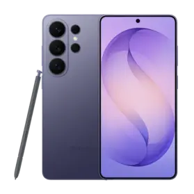 Cutout of front/rear side of Samsung Galaxy S26 Ultra with S-Pen stylus in Cobalt Violet