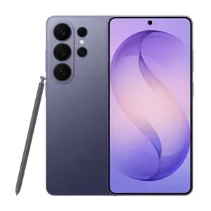 Cutout of front/rear side of Samsung Galaxy S26 Ultra with S-Pen stylus in Cobalt Violet