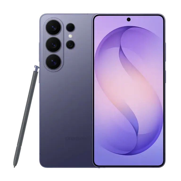 Cutout of front/rear side of Samsung Galaxy S26 Ultra with S-Pen stylus in Cobalt Violet