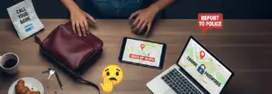 A collage illustrating what to do if your phone is stolen, featuring a person tracking a device on a tablet, changing passwords on a laptop, calling the bank, and reporting the theft to the police