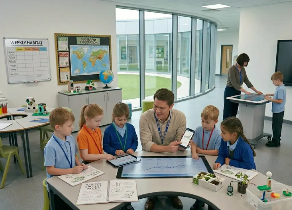 A modern primary school classroom where a group of students and their teacher are using smartphones and a large interactive touchscreen desk to study educational charts.