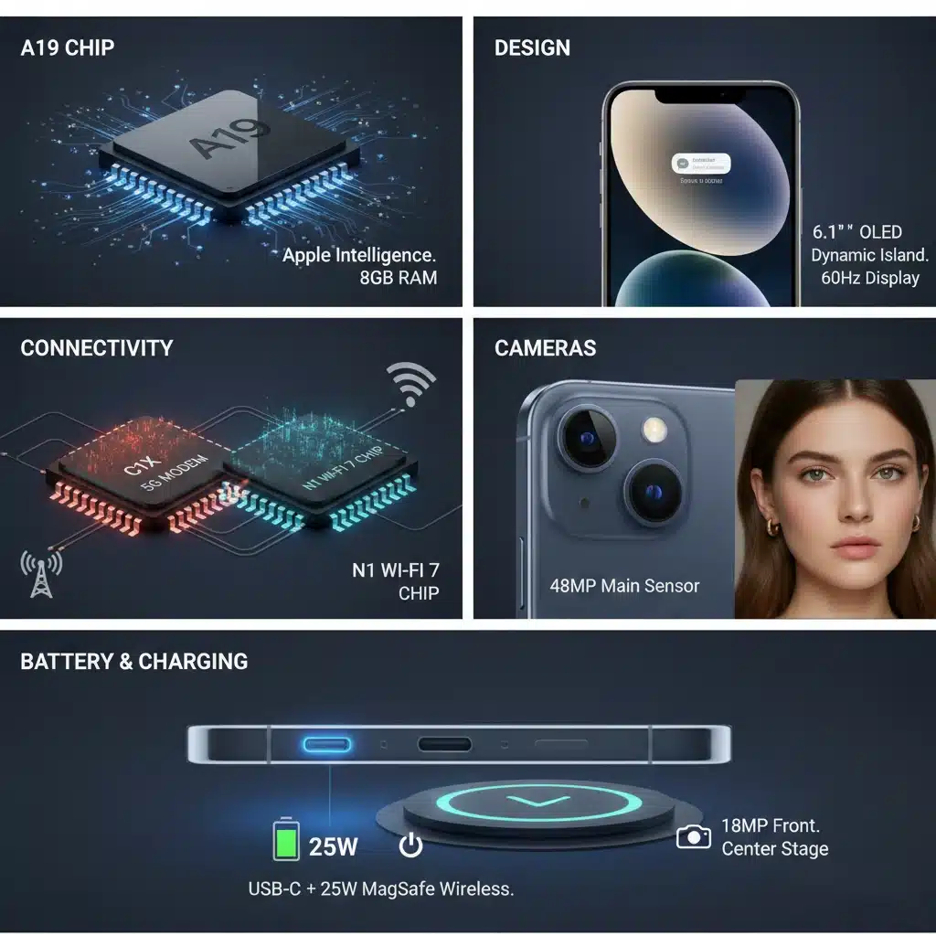 Collage overview of the new iPhone 17e features, covering A19 chips, design, connnectivity, camera, battery life, charging, and more