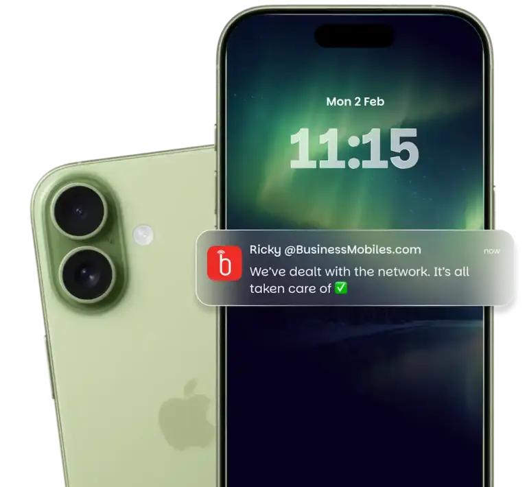 A green iPhone displaying a lock screen notification from Ricky at BusinessMobiles.com