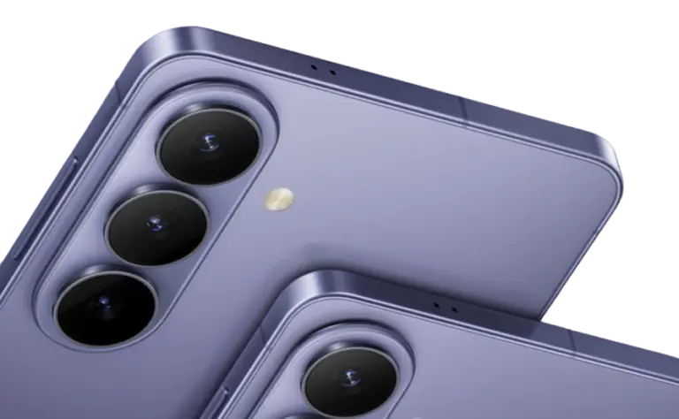 Rear view of two Samsung Galaxy S26 and S26+ smartphones in Cobalt Violet, showcasing the triple camera system.