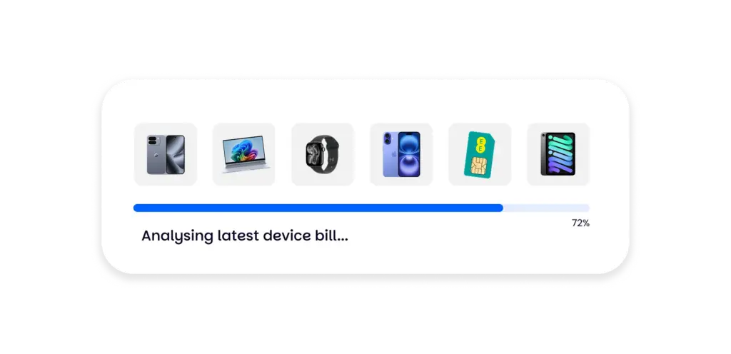 BusinessMobiles.com bill analysis tool scanning a range of business devices including smartphones, a laptop, smartwatch, tablet and SIM card, with a progress bar at 72% and the message 'Analysing latest device bill...