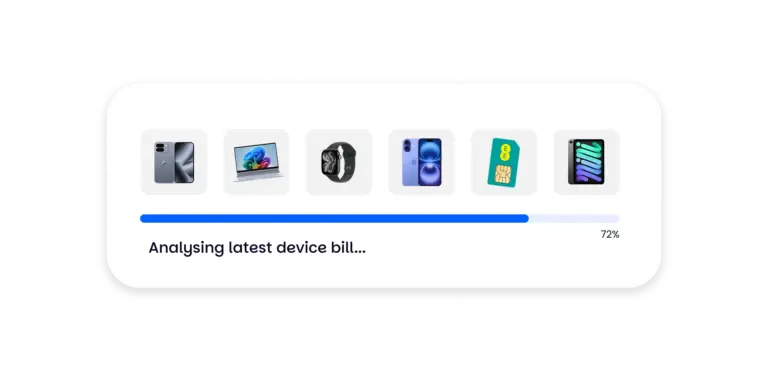 BusinessMobiles.com bill analysis tool scanning a range of business devices including smartphones, a laptop, smartwatch, tablet and SIM card, with a progress bar at 72% and the message 'Analysing latest device bill...